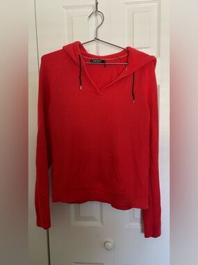 Ralph Lauren Red V-Neck Hooded Knit Sweater